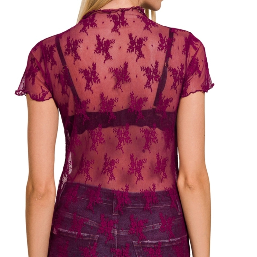 105 NWT Zenana Floral Lace See Through Layering Short Sleeve Top Sm Lg Cabernet - Picture 3 of 8
